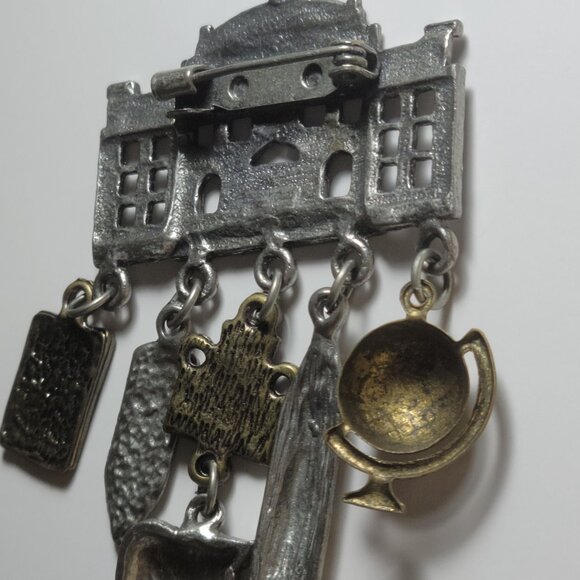 Vintage Brooch Silver Tone School House Pin with Charms - Picture 5 of 5
